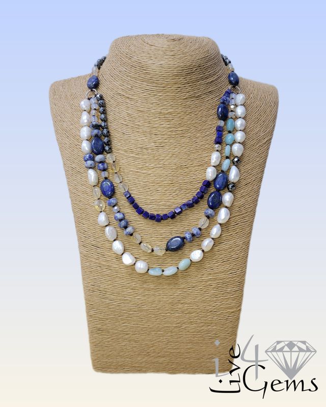 Triple Strand Lapis Lazuli, Citrine w Pearl Necklace