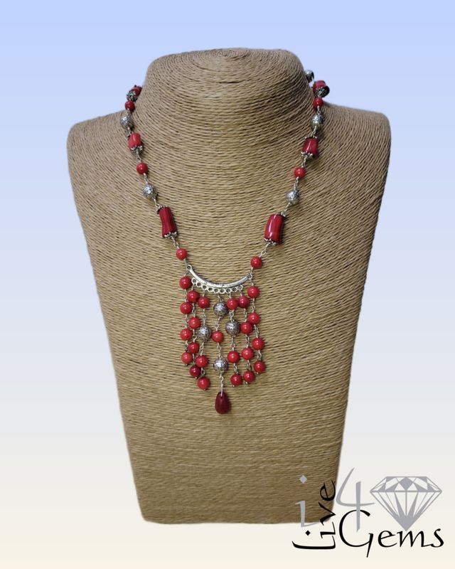 Red  Coral Necklace w Silver Beads