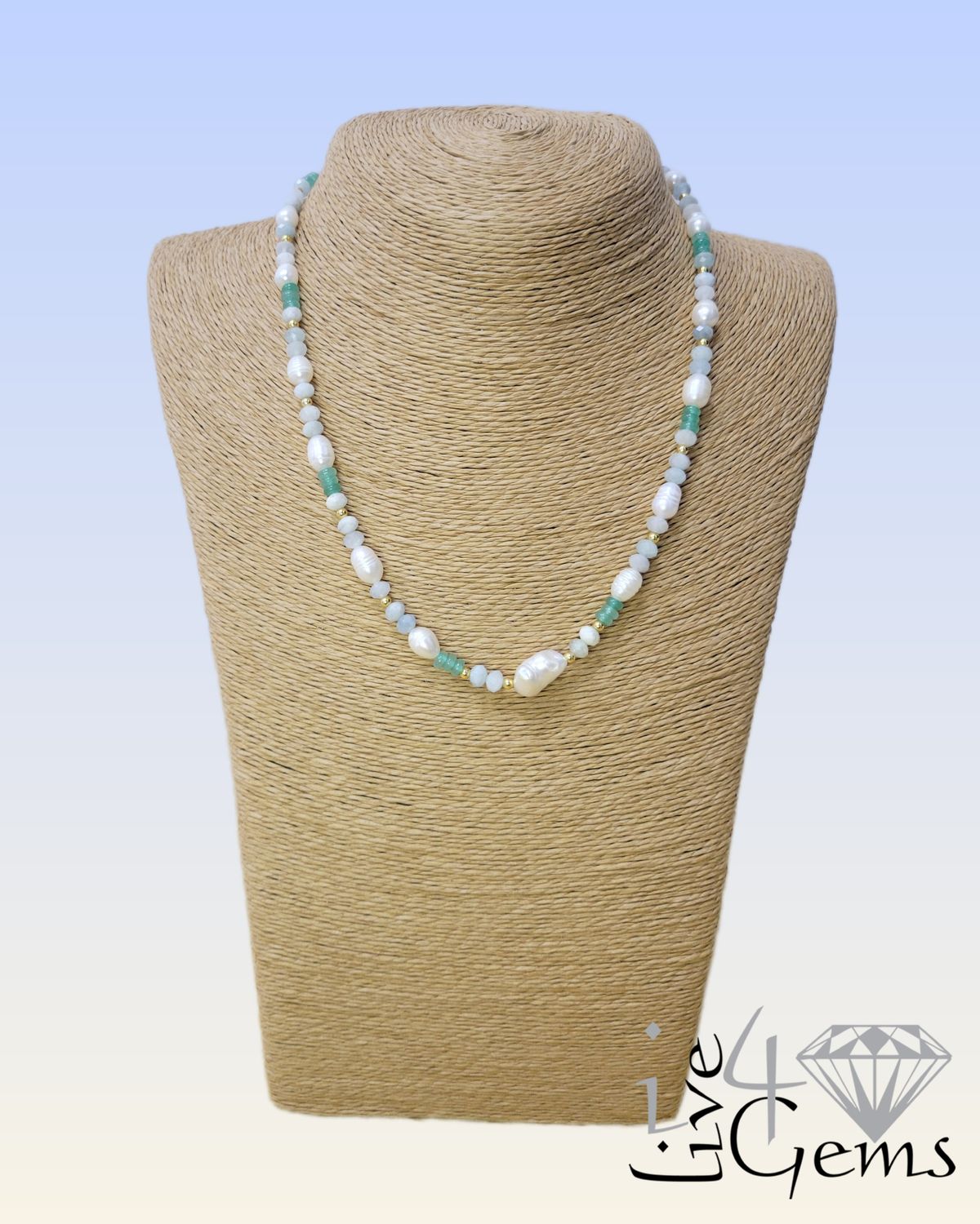 17.5" Aquamarine Quartz w Aventurine Beads and Freshwater Pearl Necklace