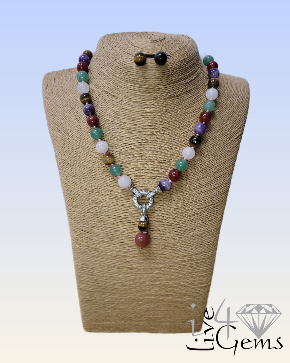 Detachable Pendant Necklace and Stud Amethyst, Aventurine ,Tiger's Eye ,Rose Quartz, Red Agate