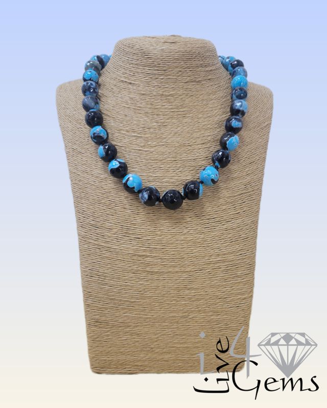 Fire Agate Black and Blue Hand-Knotted Necklace 18&quot;