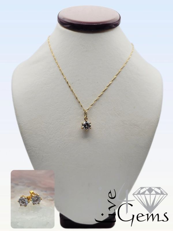 10kt Cz Stud Earring and Pendant w Chain Set