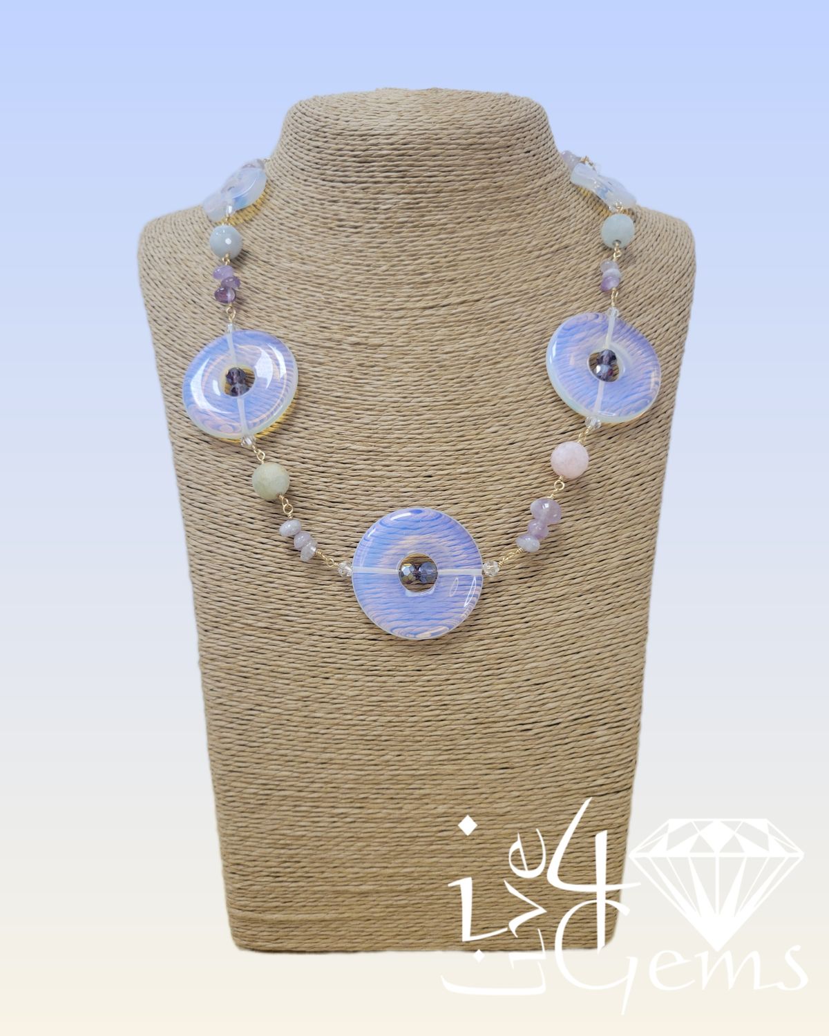 18.5 Opalite, Aquamarine, Amethyst and Crystal Necklace 2&quot; Extender