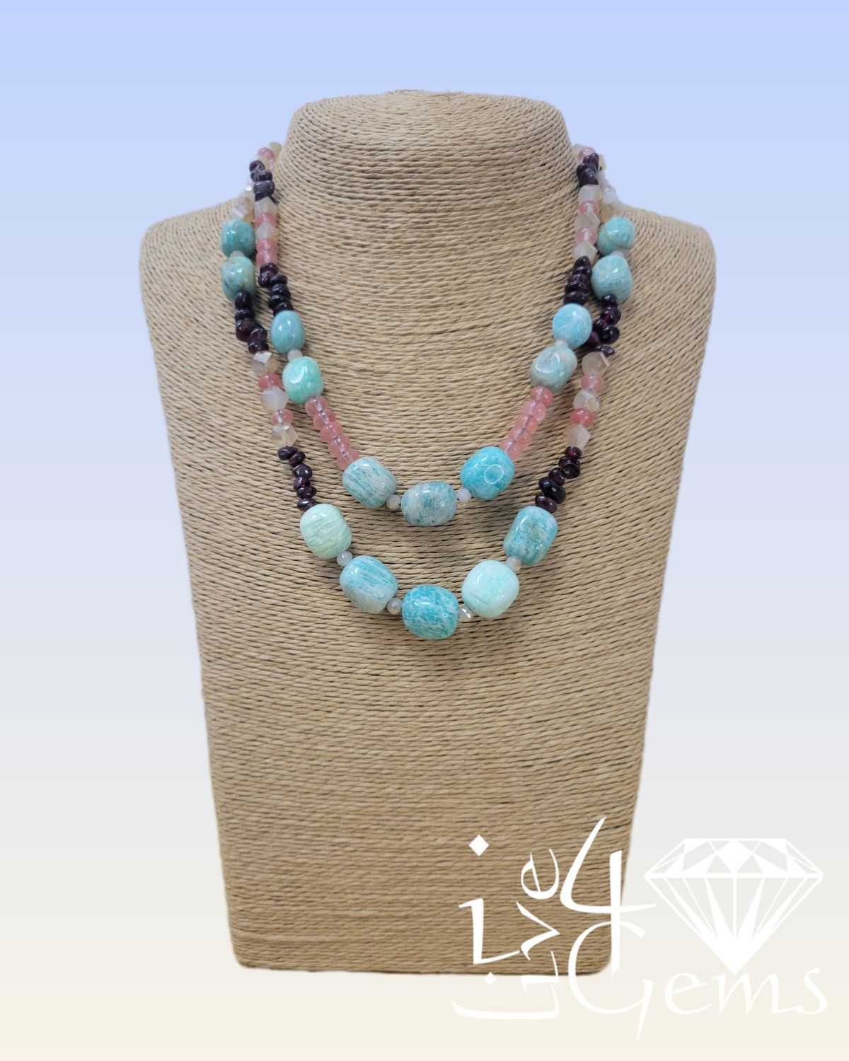17.5&quot; Russian Amazonite with Garnet and Cherry Quartz Double Strand Necklace 1.5&quot; Extender