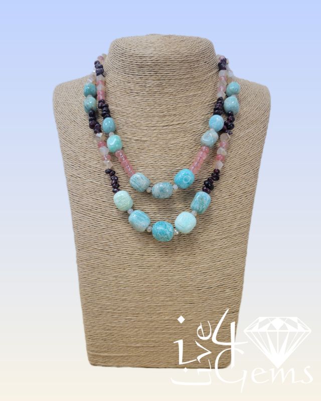 17.5&quot; Russian Amazonite with Garnet and Cherry Quartz Double Strand Necklace 1.5&quot; Extender