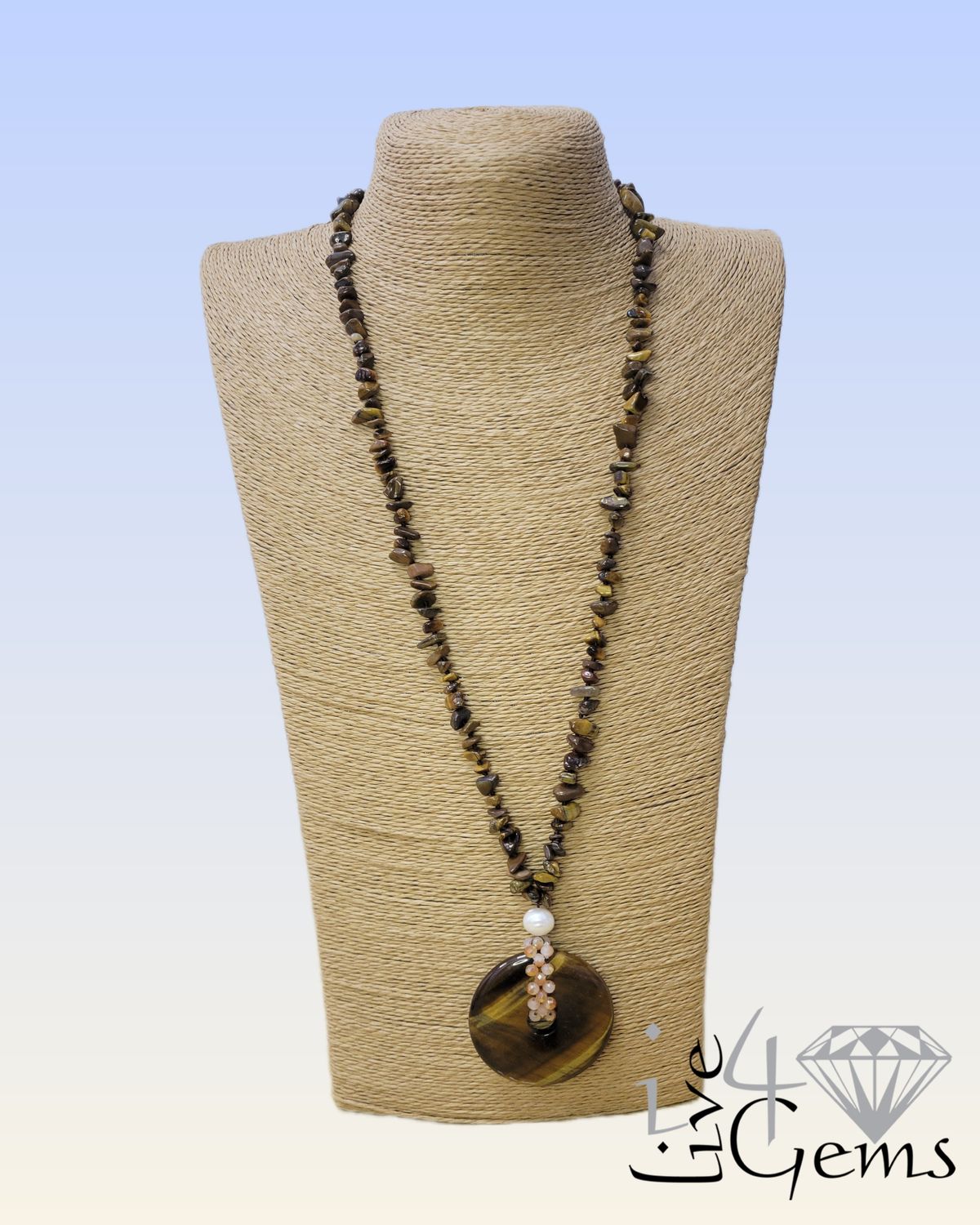 Tiger&#39;s Eye and Pearl Crystal Hand Knotted Necklace 32&quot;L 2&quot;D