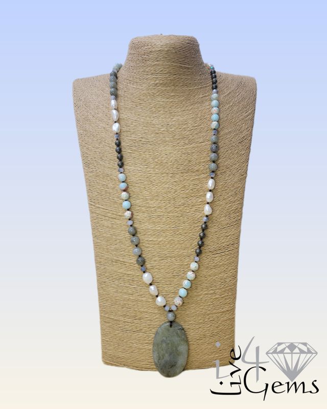 Oval Labradorite Geo Pendant, Snake Skin Agate, White Magnesite, Crystal Necklace 32&quot;L