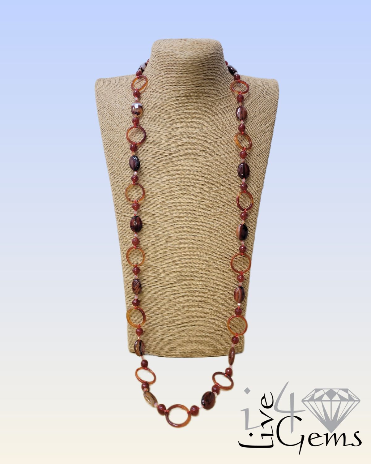 Oval Carnelian, Ring and Beaded Hand Knotted Necklace 42&quot;L