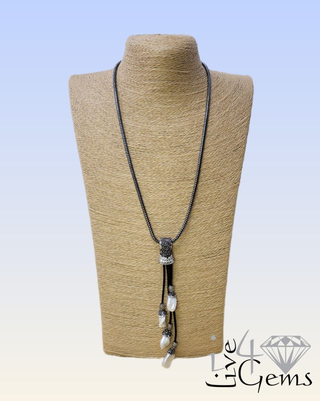 Hematite and Pearl Black Leather Hand Beaded Necklace 2X3mm 26&quot; L