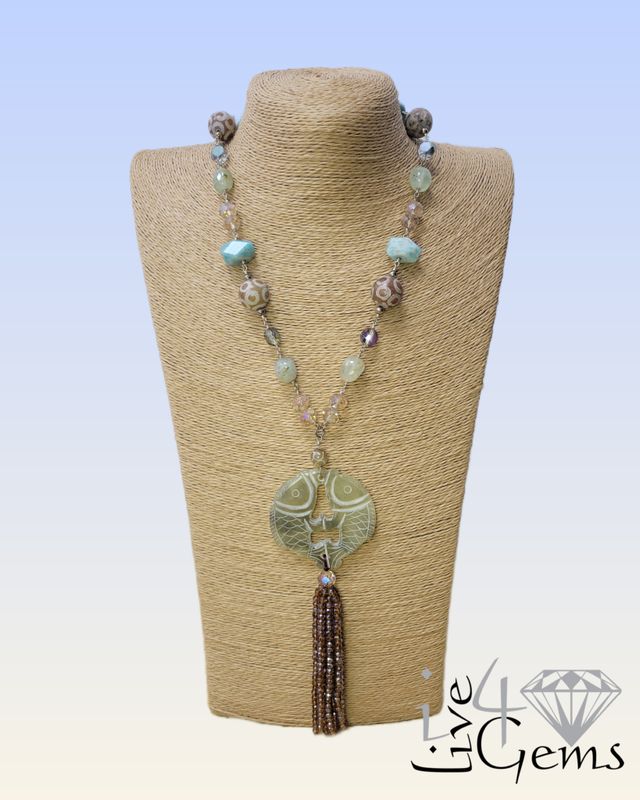 Jade, Prehnite, Peruvian Amazonite, Agate, Crystal Carved Jade Fish Shaped Pendant Necklace