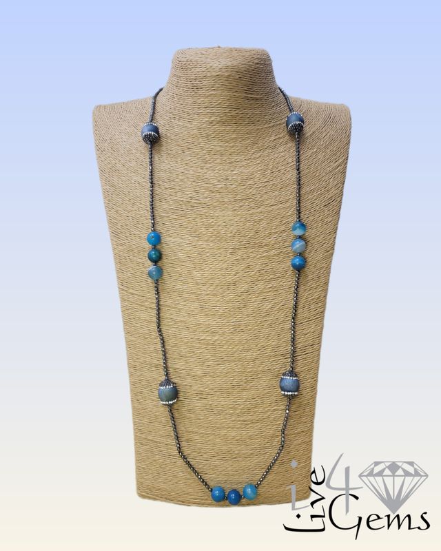 Hematite, Frosty Blue Agate, Druzy Agate Necklace 38&quot;L