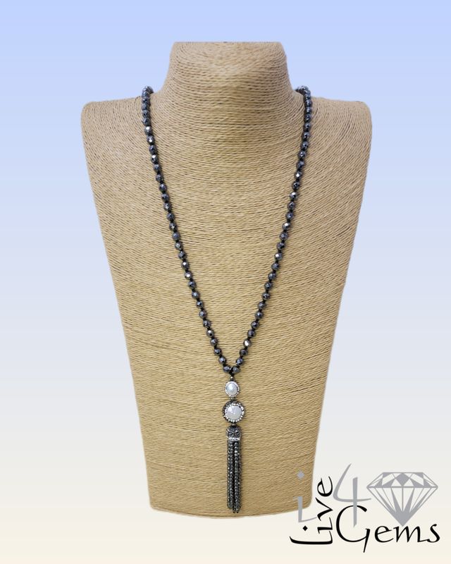 Hematite Druzy Coin Pearl Hand Strung Necklace 39&quot;L Tassel 3&quot;L