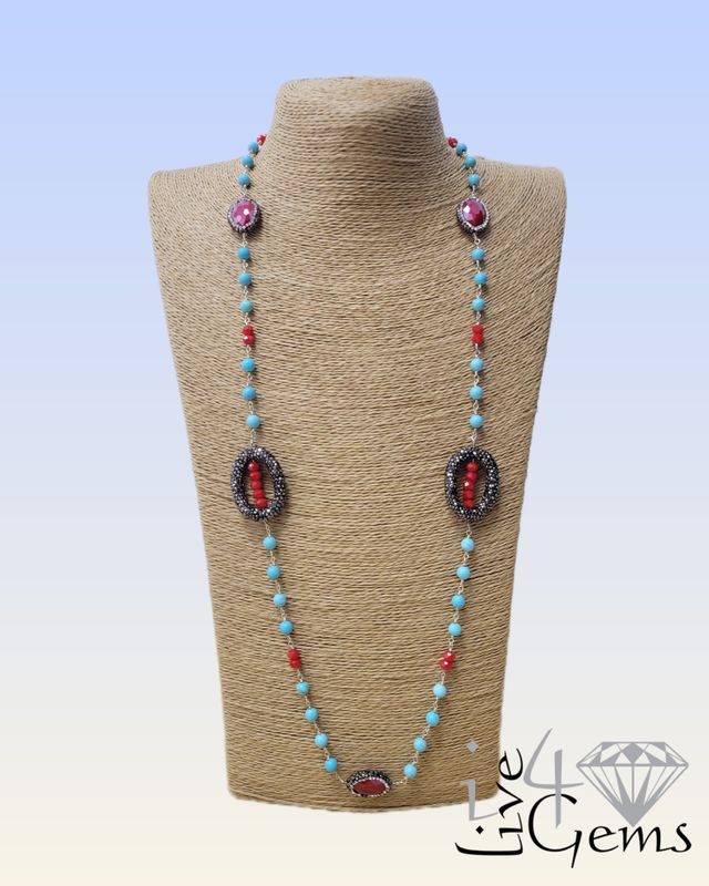 Turquoise, Red Crystal, Micro-Druzy Necklace