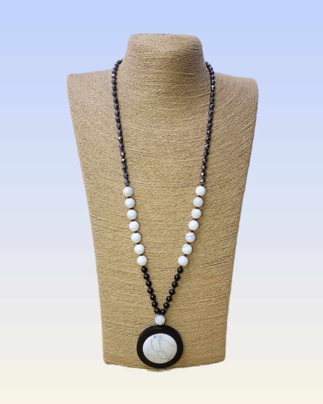 Howlite Inlaid Wooden Base, Hematite, Wood Bead Necklace 36&quot;L