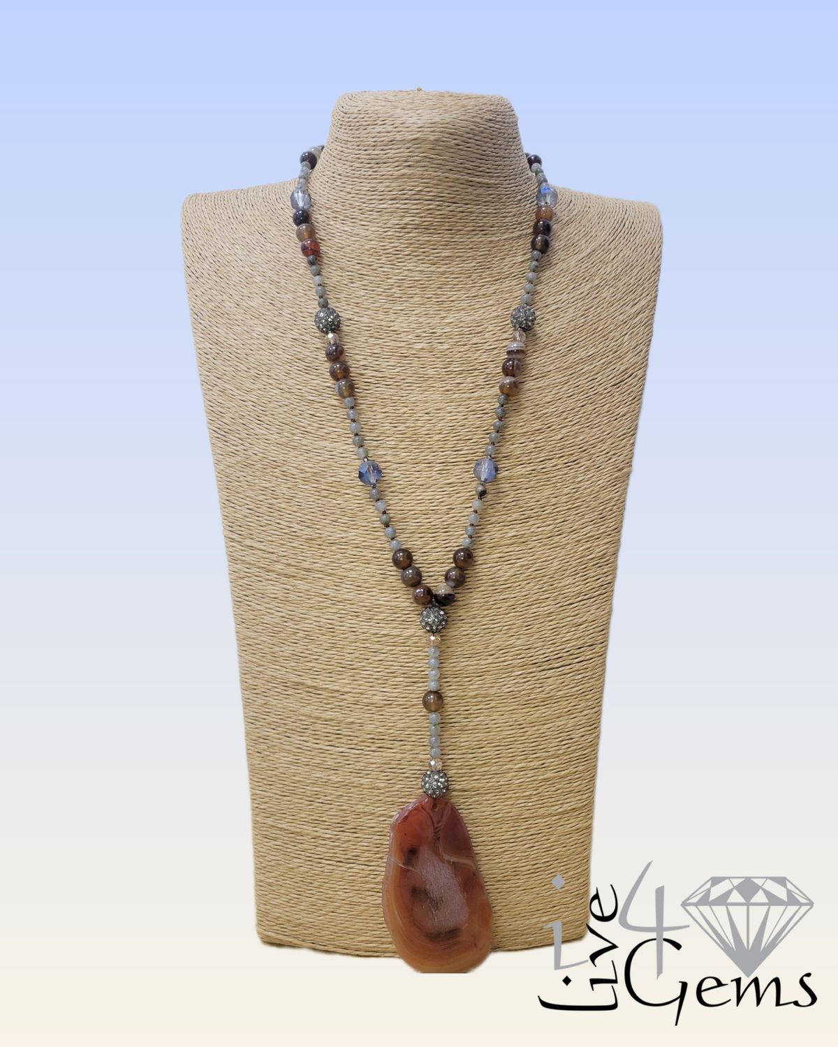 Brown Agate Geo Slab Pendand and Labradorite Crystal Necklace 4mm, 29.5"L