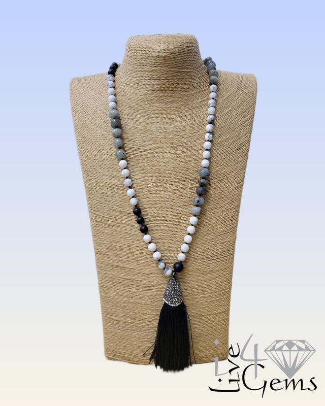 Black Onyx , Howlite , Labradorite, Mother Of Pearl Detach  Silk Tassel Necklace 38&quot;L