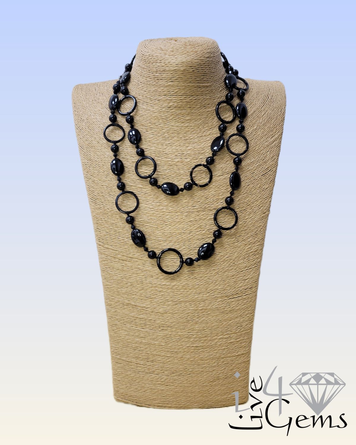 Black Onyx Oval and Ring Shaped Hand Knotted Necklace 42&quot; L