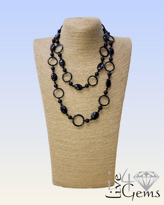 Black Onyx Oval and Ring Shaped Hand Knotted Necklace 42&quot; L