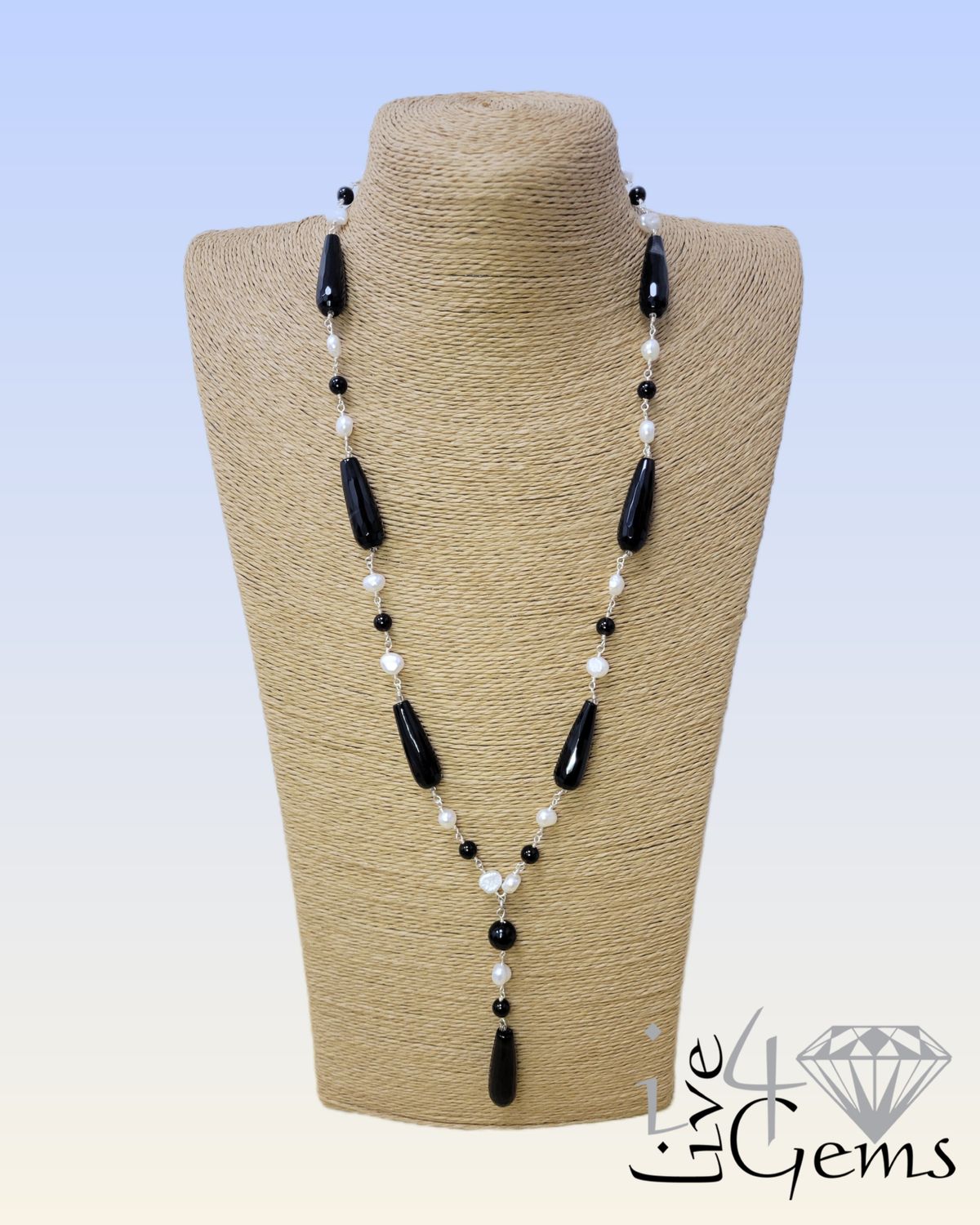 25.5&quot; Black Agate and Cultured Pearl w Onyx Lariat Necklace