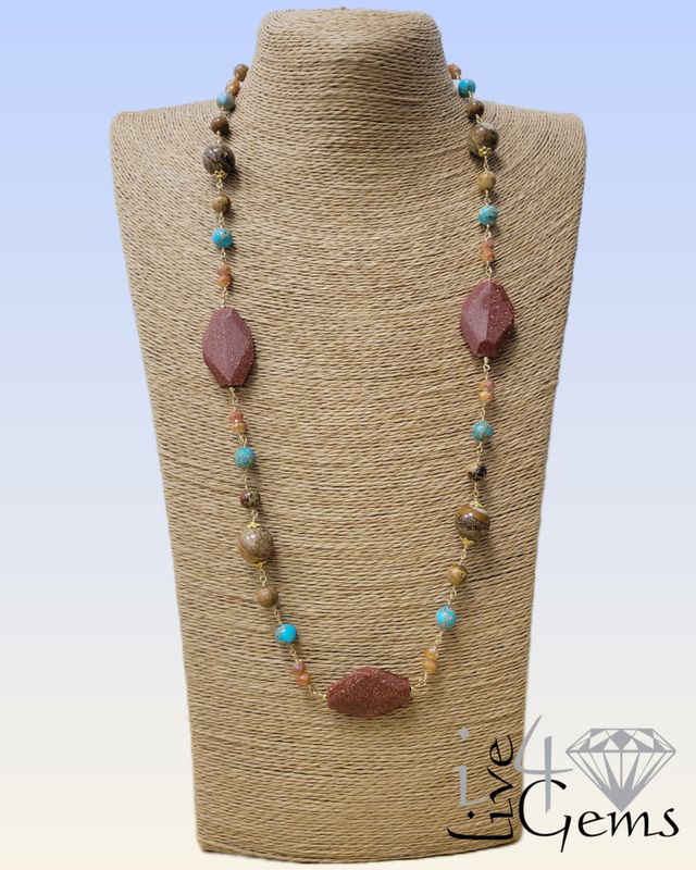 Octagon Gold Stone with Jasper Necklace 32&quot; L