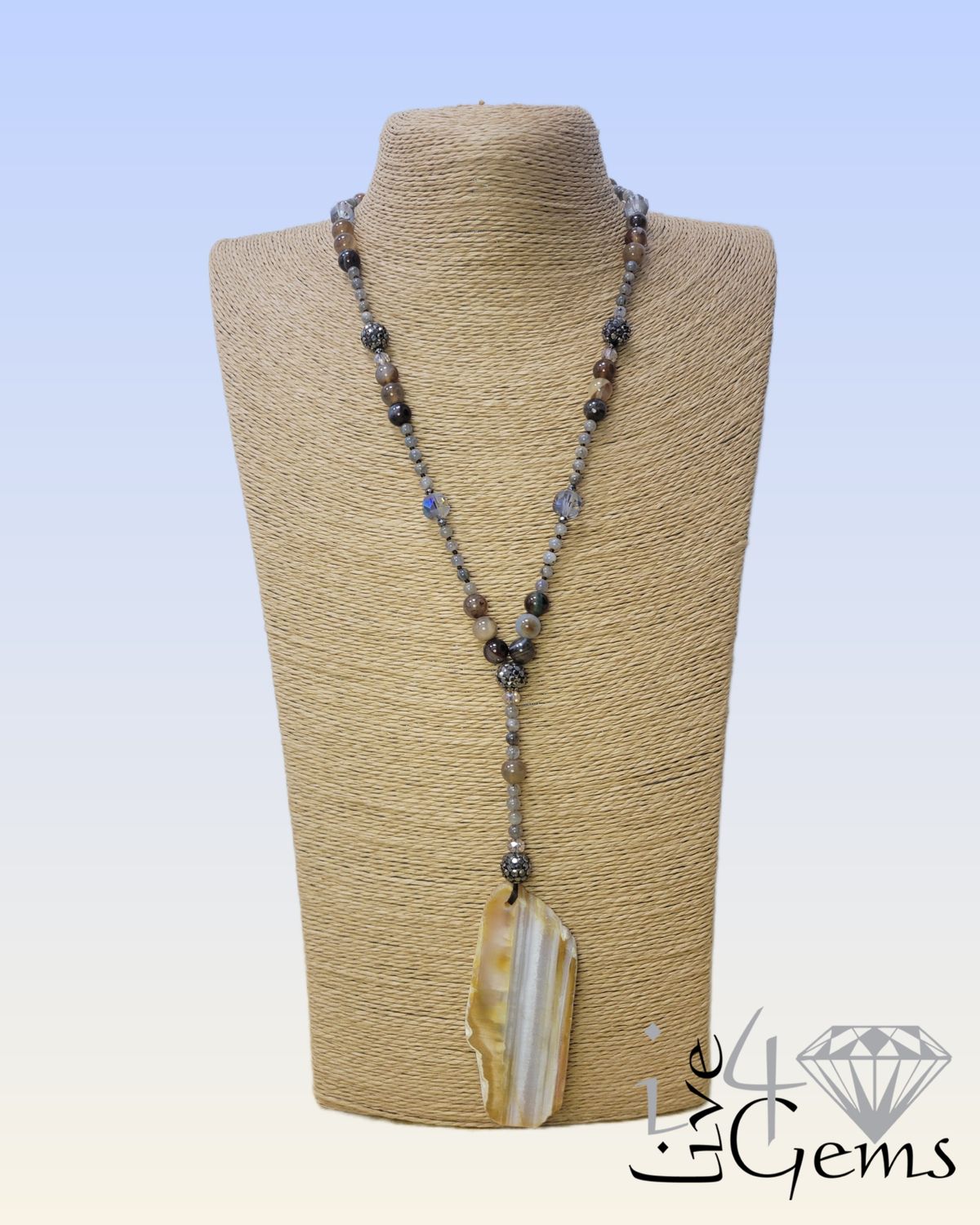 Labradorite Geo Slap Striped Agate Pendant 4mm Crystal Necklace 29.5&quot;L