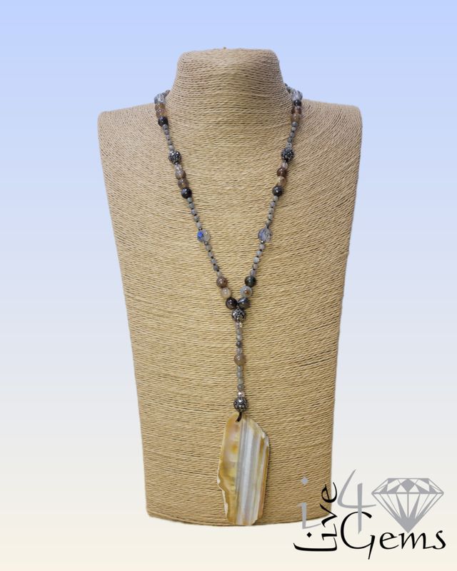 Labradorite Geo Slap Striped Agate Pendant 4mm Crystal Necklace 29.5&quot;L