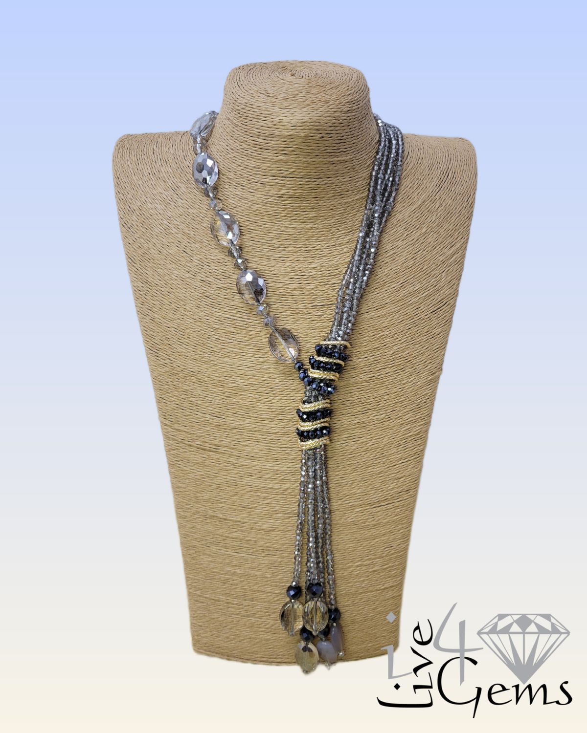 Black Agate Multi Y Crystal Oval Rondelle Necklace 30"L