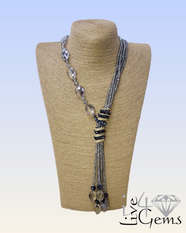 Black Agate Multi Y Crystal Oval Rondelle Necklace 30&quot;L