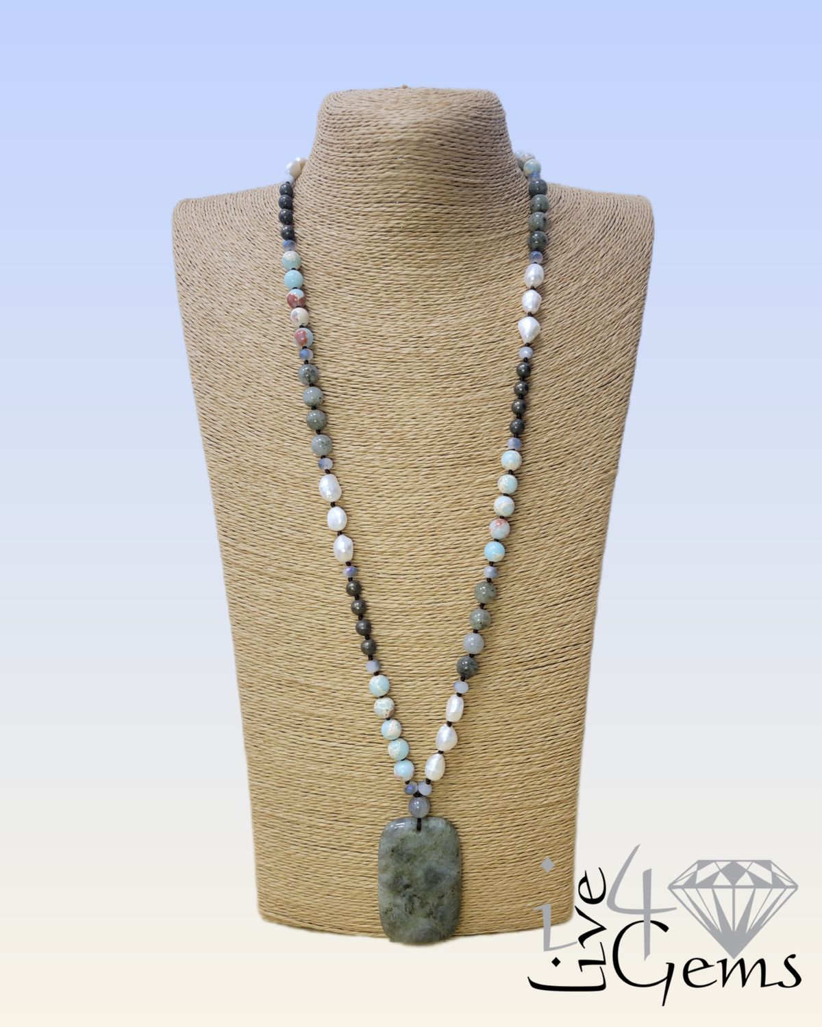 White Magnesite, Snake Skin Agate and Labradorite Geo Pendant Crystal Necklace 32"L