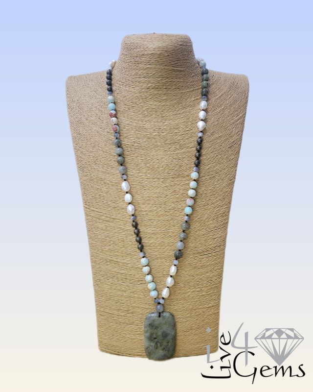 White Magnesite, Snake Skin Agate and Labradorite Geo Pendant Crystal Necklace 32&quot;L