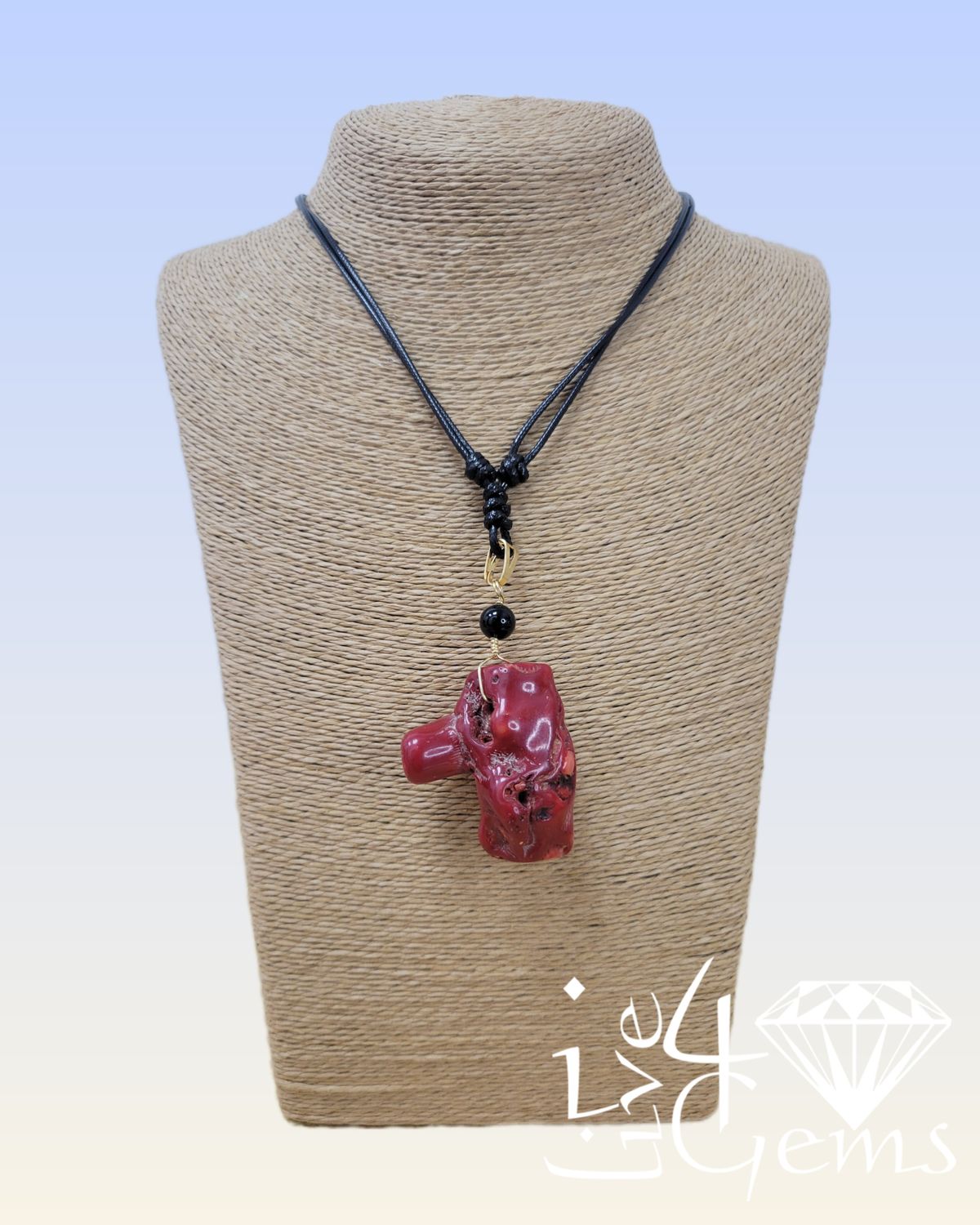 Black Adjustable Snake Skin Cord with Red Coral and Black Onyx Pendant