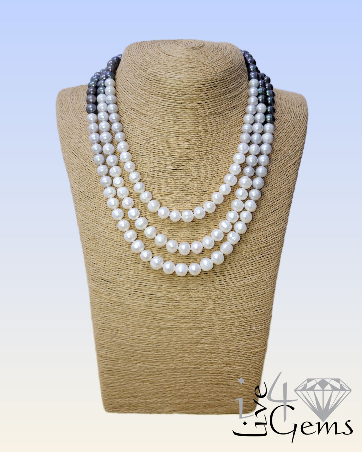20" Triple Strand Peacock/Gray/White Pearl Necklace