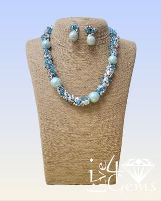Sterling Silver Turquoise Colour Baroque Pearl, Keshi Pearl, Crystal Necklace and Earring Set