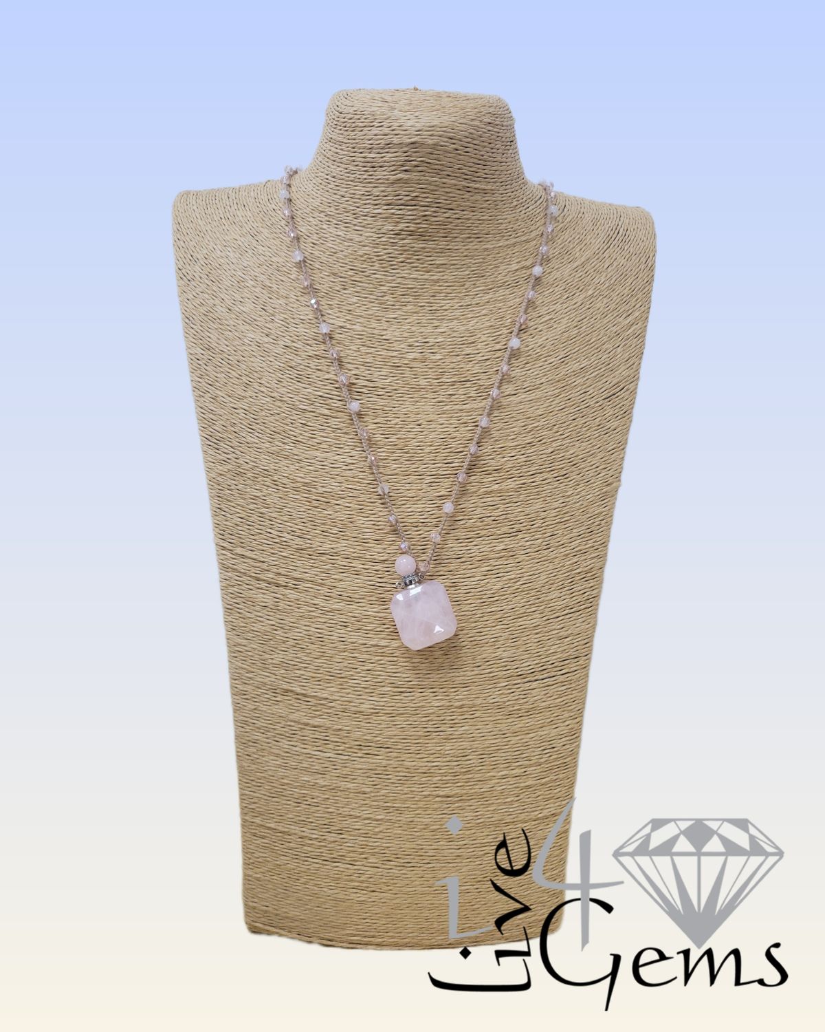 Rose Quartz Perfume Bottle Pendant Necklace 30"L