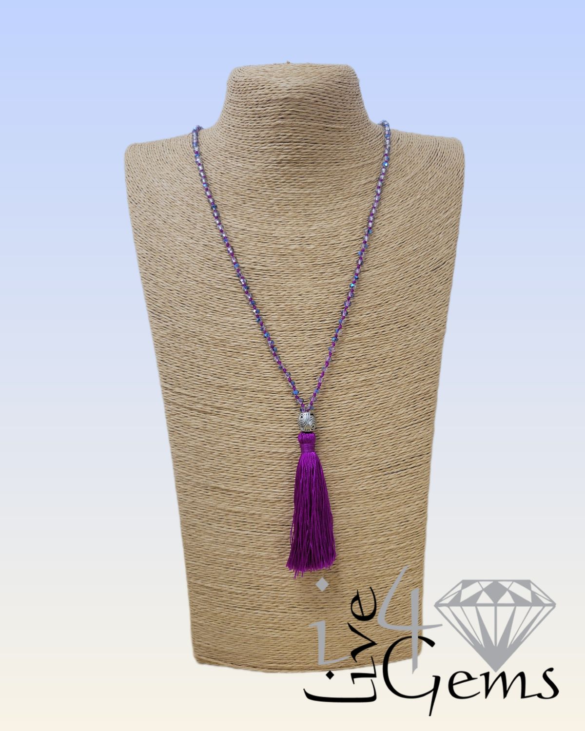 Bohemian Purple Crystal Tassel Necklace 30"L