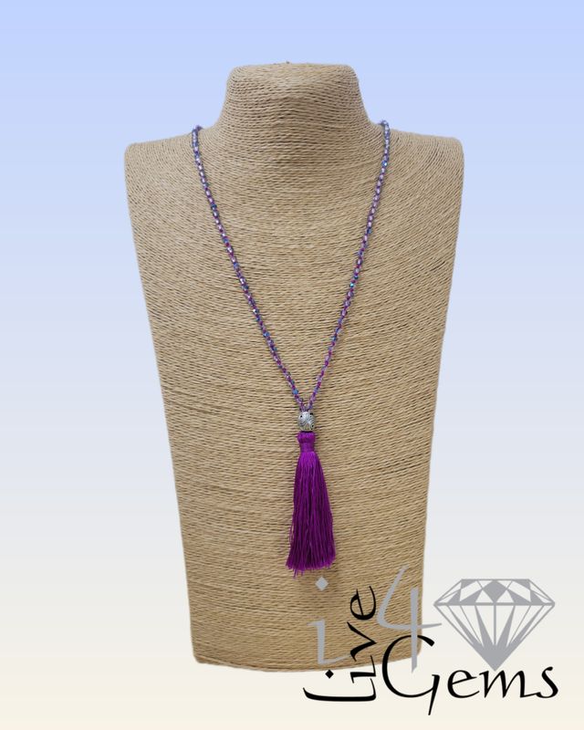 Bohemian Purple Crystal Tassel Necklace 30"L