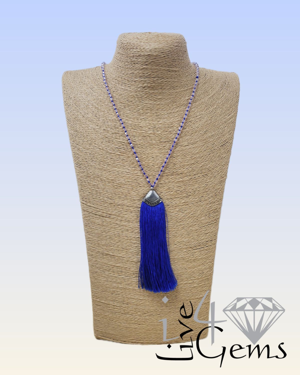 Bohemian Crystal Tassel Necklace 30"L Blue