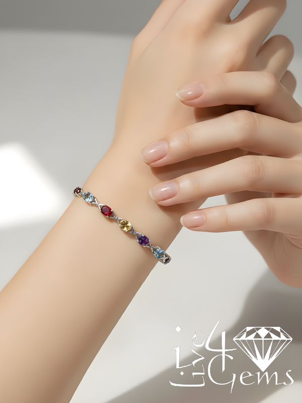 Silver Oval Amethyst, Citrine, Garnet, Blue Topaz Gemstone Bracelet