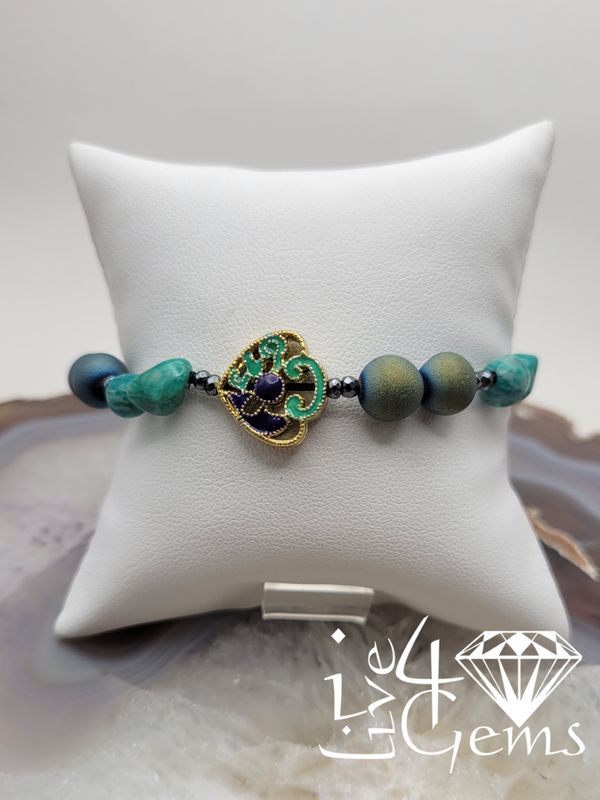 Silver GP Blue Druzy Agate and Russian Diopside Bracelet  Cloisonne Charm