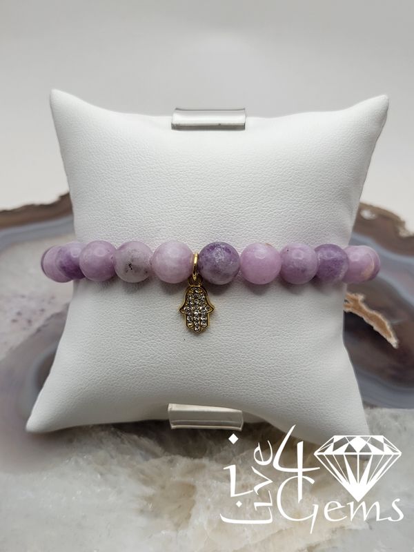 Amethyst 8mm Hamsa Hand Charm Gemstone Bracelet