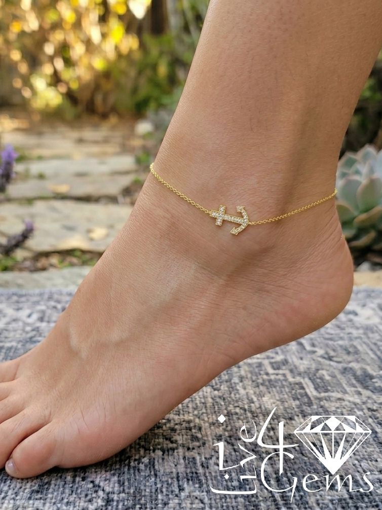 10kty Anchor Anklet 9 inch 1/20ctw Diamond