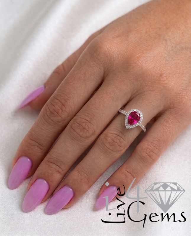 10kty Diamond 1/6ctw and Teardrop Lab Ruby 1ct Halo Ring