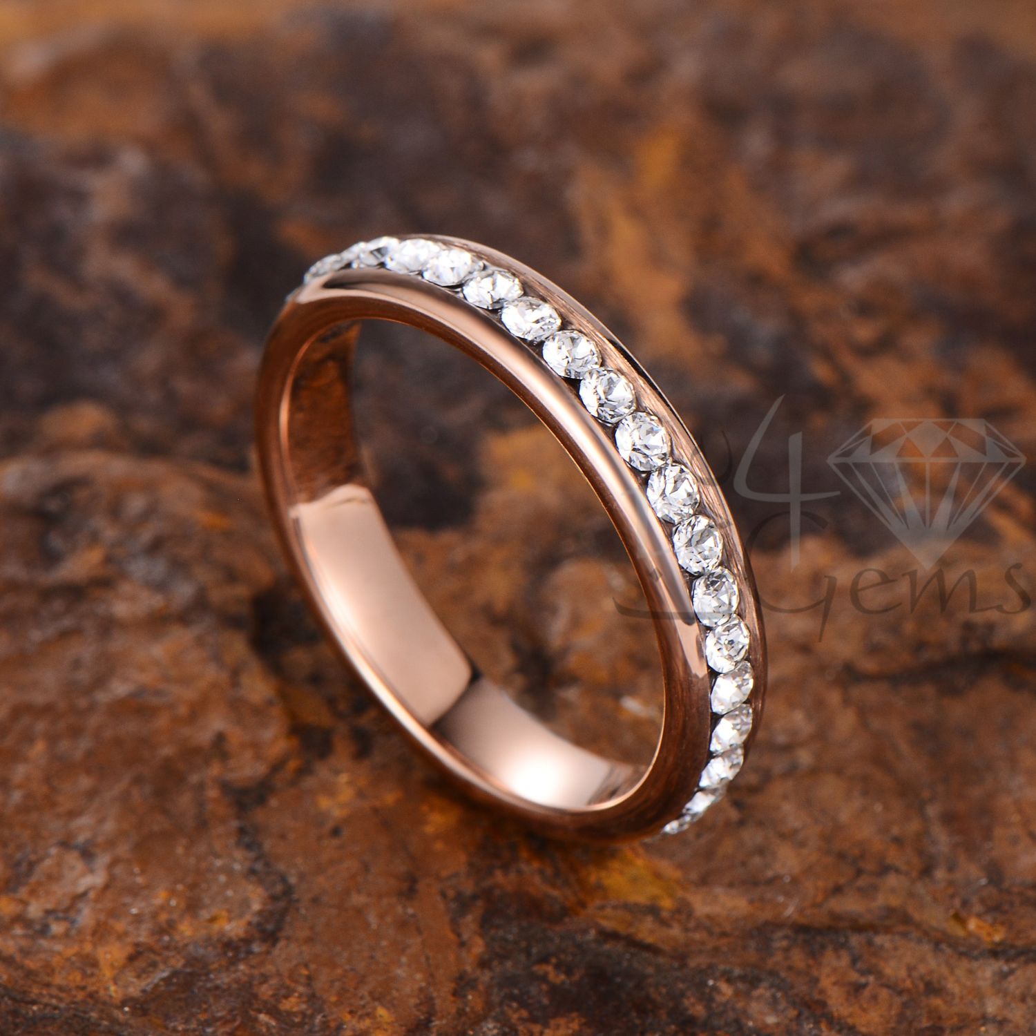 Tungsten Carbide Rose Gold CZ Eternity Band 4mm