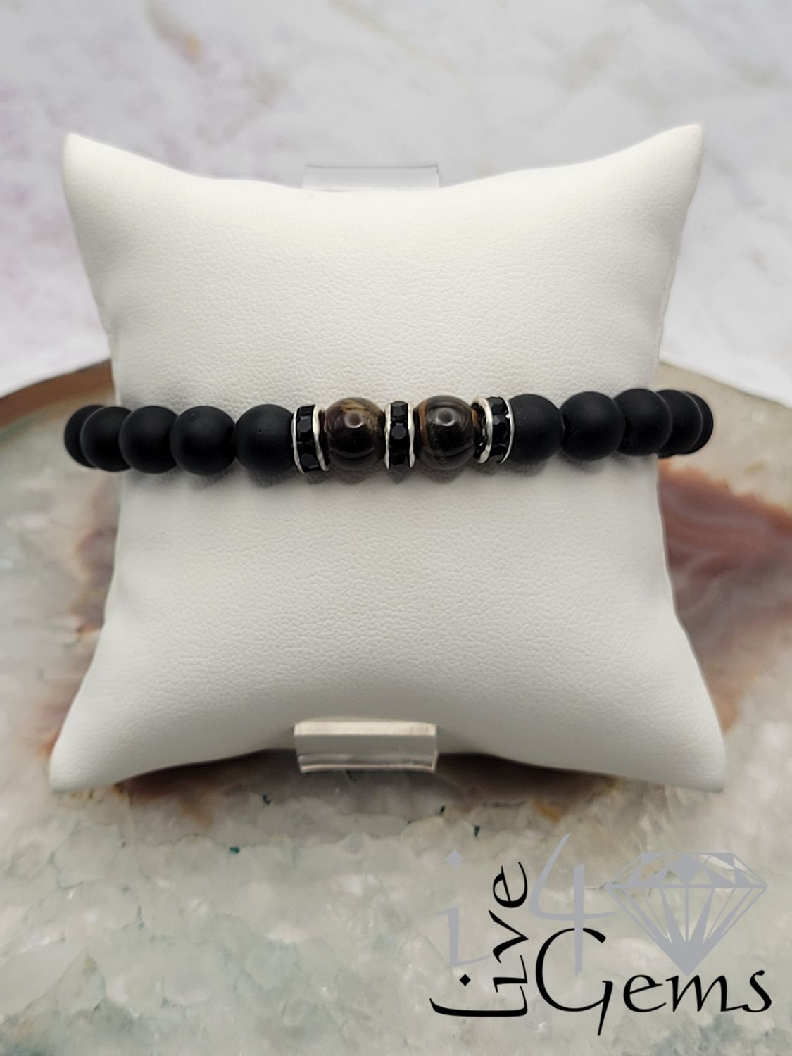 Tiger's Eye w Matte Onyx Gemstone  Bracelet