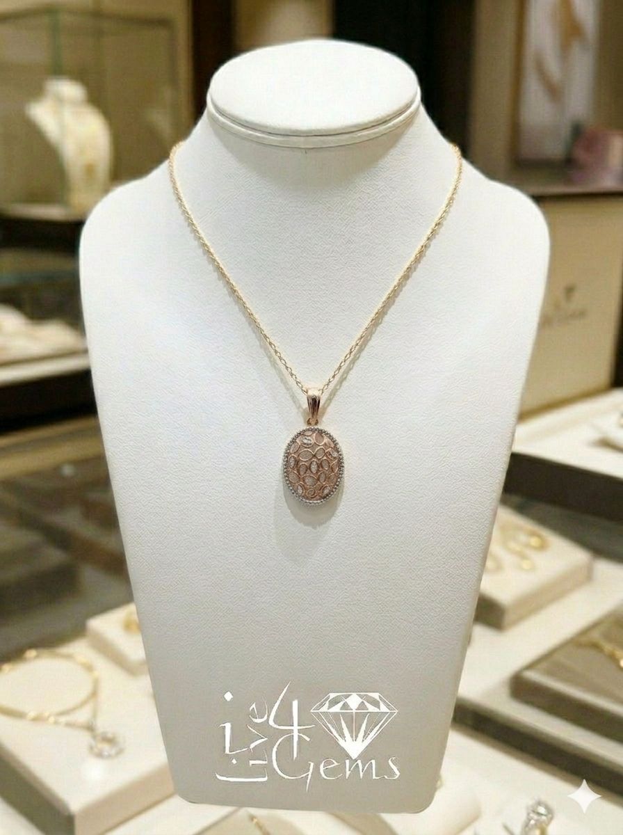 10ctw Rose Gold Diamond Oval Filigree Pendant and Chain 1/20ctw