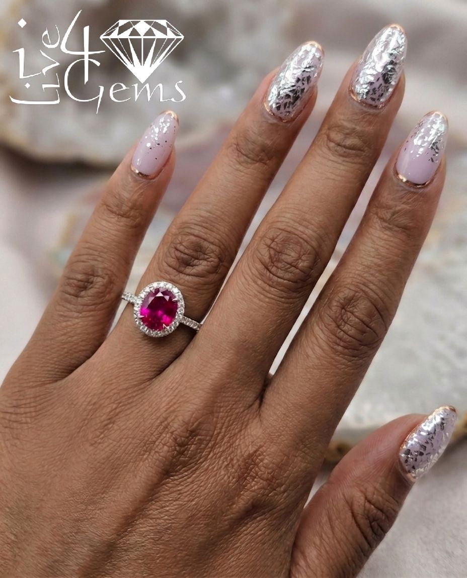 Silver Oval Lab Ruby 1.5cts with CZ Halo Ring Size 8