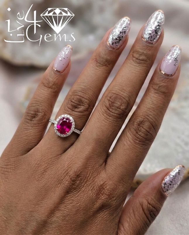 Silver Oval Lab Ruby 1.5cts with CZ Halo Ring Size 8