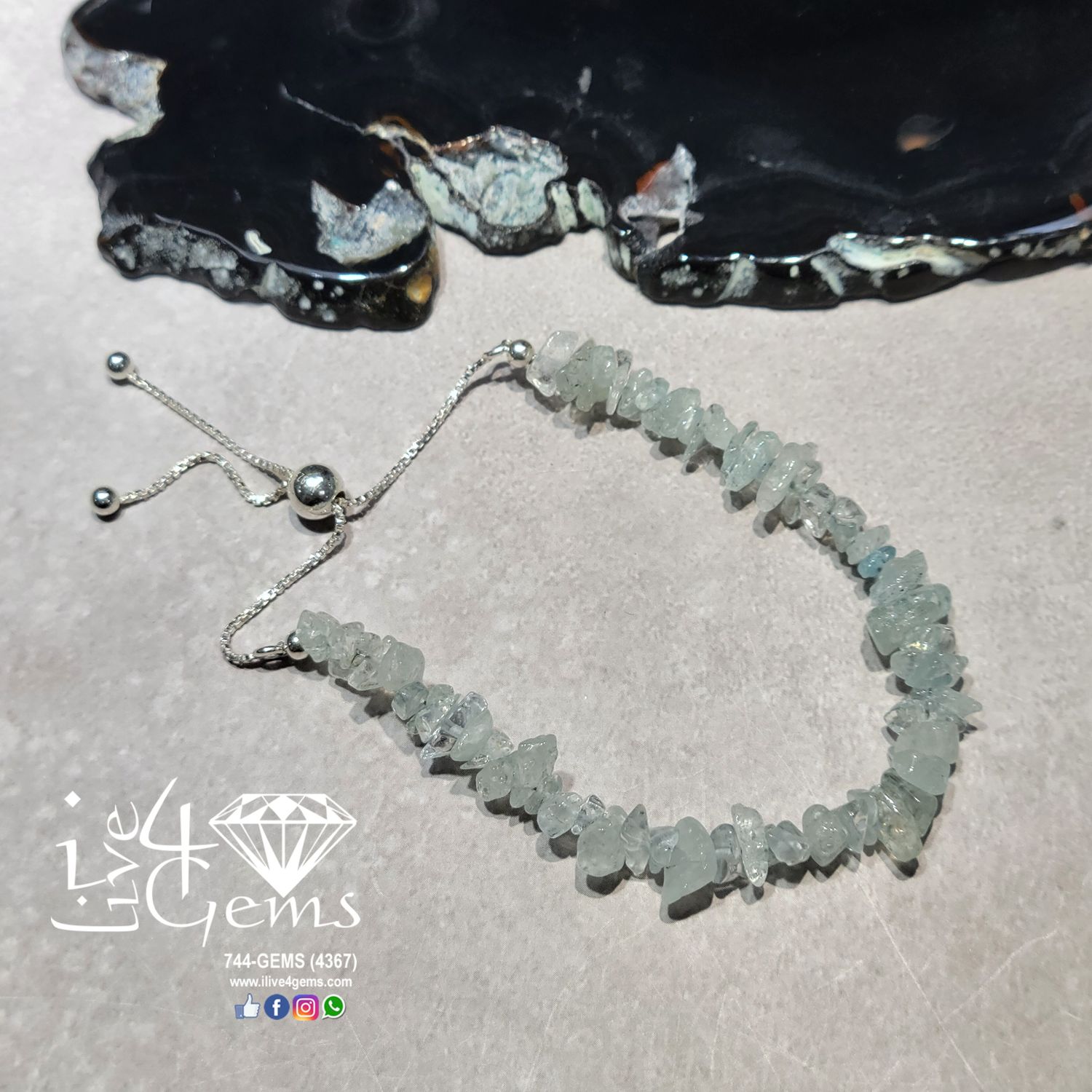 Silver Gemstone Cluster Bolo Bracelet Aquamarine