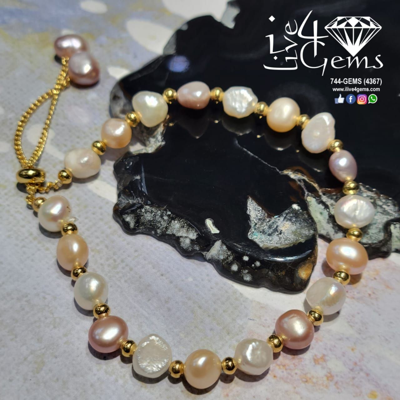 Tri-Color Pearl Bolo Bracelet Silver Gold Plated