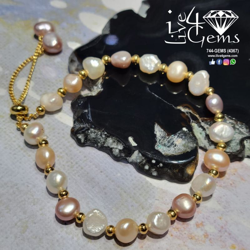 Tri-Color Pearl Bolo Bracelet Silver Gold Plated